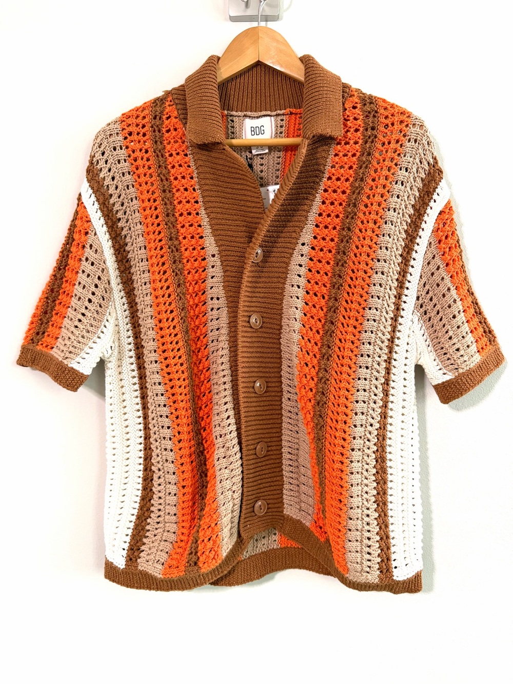 BDG Urban Outfitters Crochet Short-Sleeve Cardigan Brown Orange Cream Mens Small